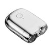 A close-up view of a silver mini electric beard trimmer shaver with a rounded body and visible cutting elements.