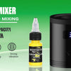 A black Vortex Mixer device with a yellow bottle of liquid and an ink cup holder set visible on a green background.