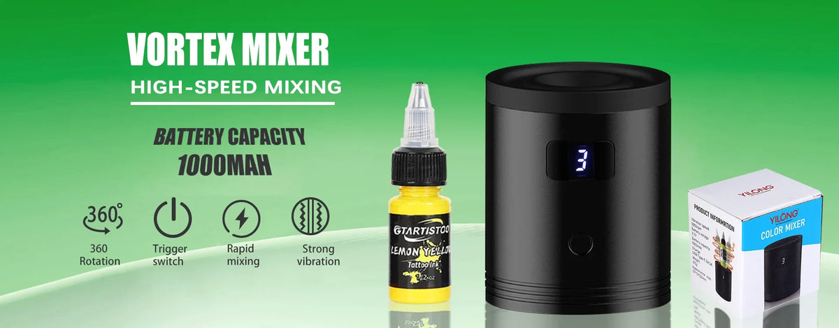 A black Vortex Mixer device with a yellow bottle of liquid and an ink cup holder set visible on a green background.