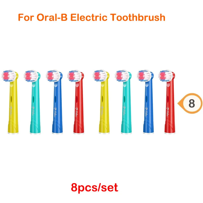 Eight replacement brush heads for Oral-B electric toothbrushes in various colors including pink, blue, and yellow.