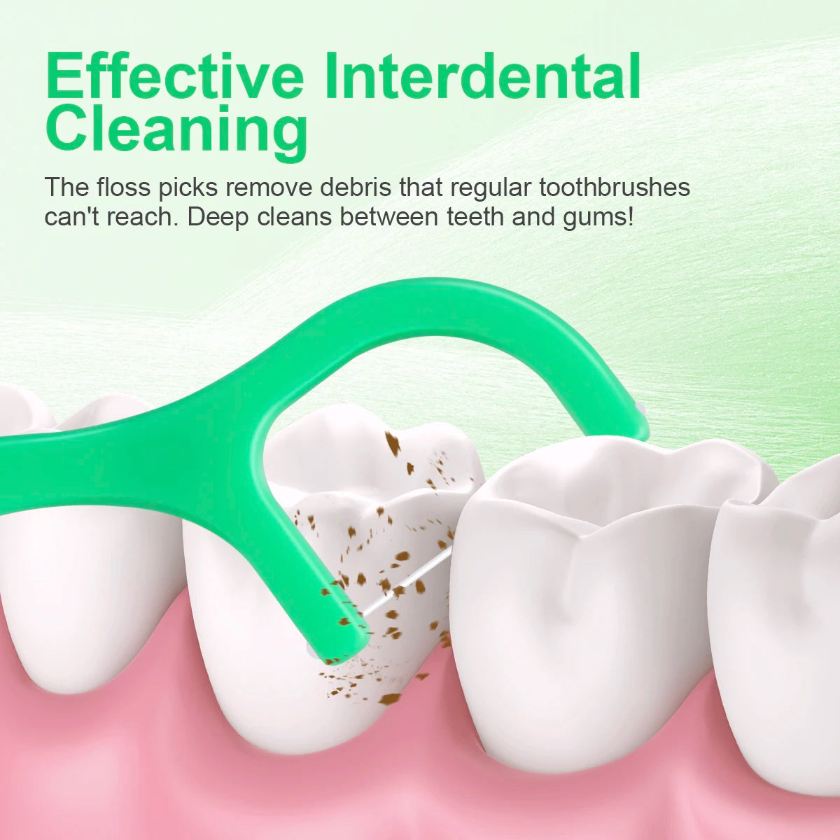 Un cure-dents vert nettoie entre les dents et les gencives sur une zone de gencive rose.