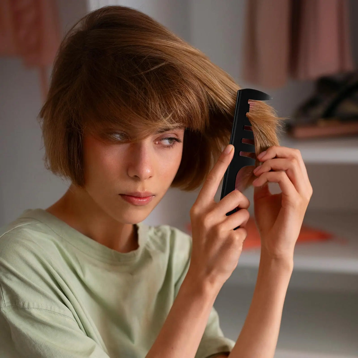A person is using a black hair styling comb on their blonde hair while wearing a light green shirt.