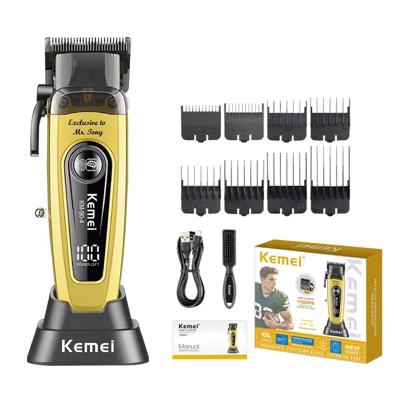 A yellow and black Kemei professional rechargeable electric hair clipper with various attachments and accessories.