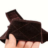 A hand holds a dark brown, velvet wig grip headband, showing its texture and design.