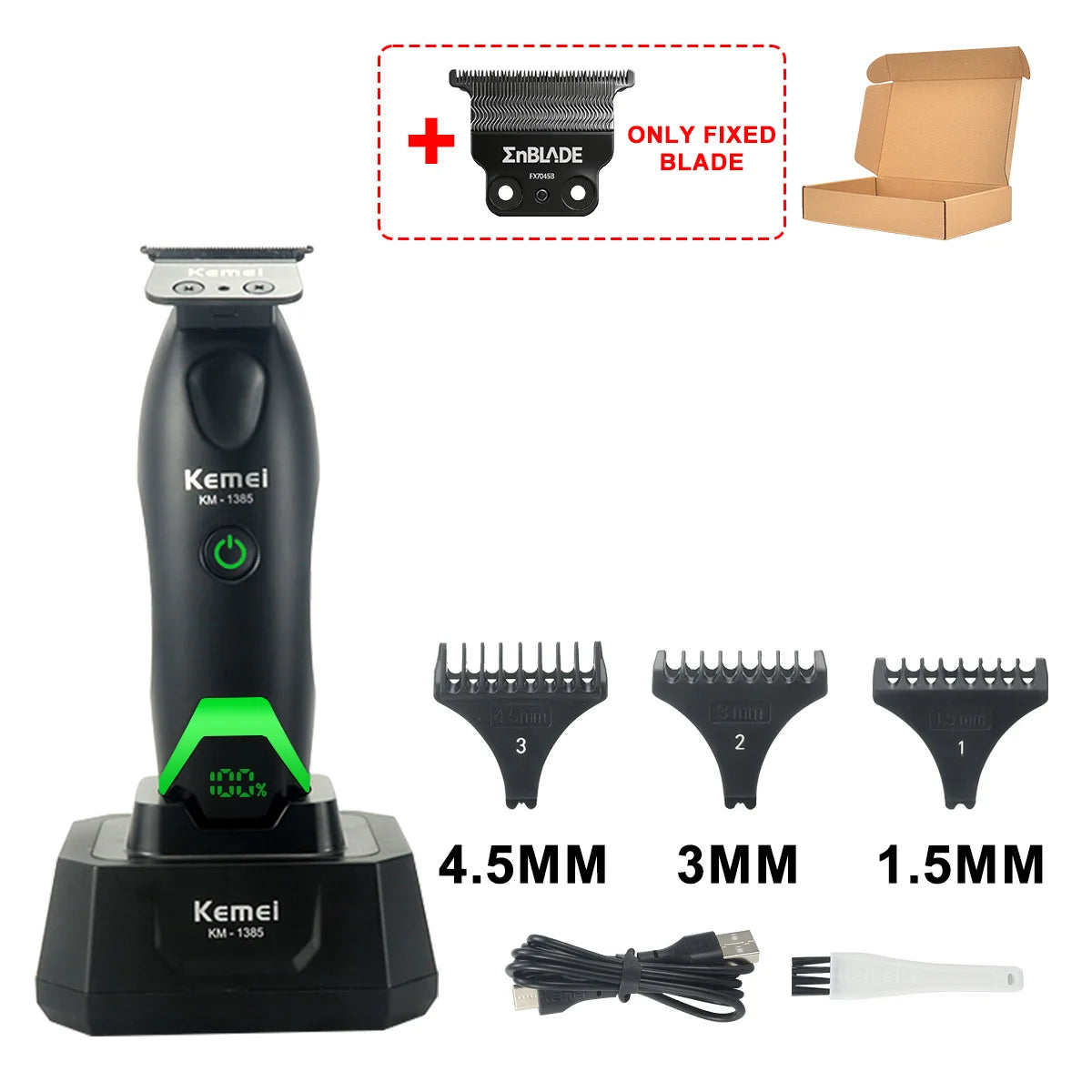 A Kemel KM-1305 electric hair trimmer with various blade sizes and accessories shown in a box.