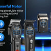 A set of professional cordless hair clippers, including a motor and two clipper heads, displayed on a dark blue background.
