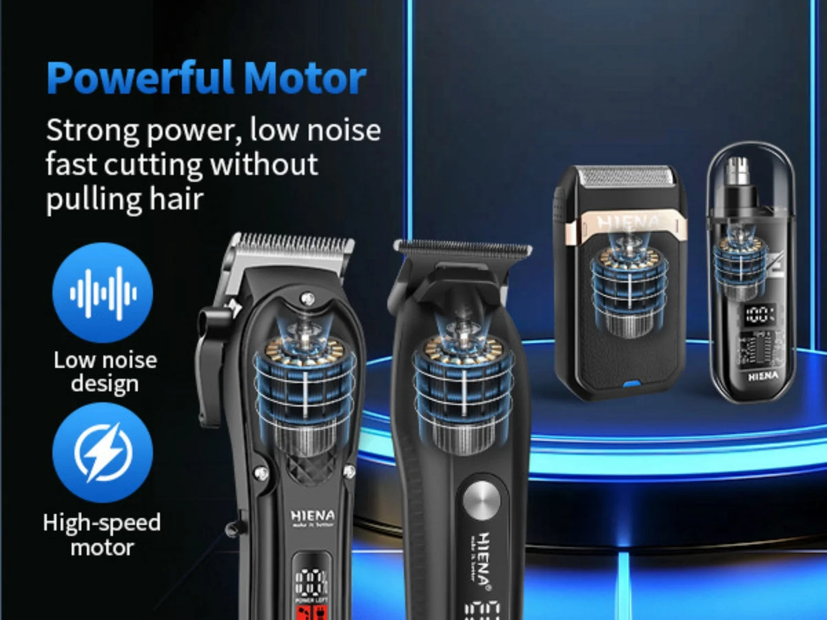 A set of professional cordless hair clippers, including a motor and two clipper heads, displayed on a dark blue background.