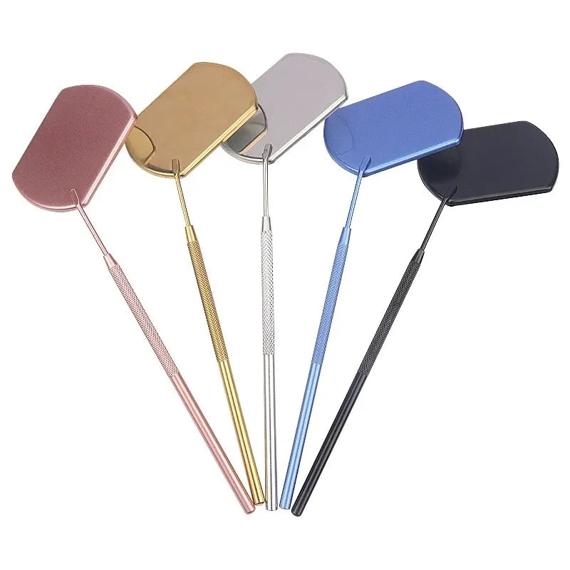 A set of five professional stainless steel lash extension mirrors in various colors including pink, gold, silver, blue, and b