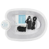 A white ionic detox foot spa massager is shown in its packaging with cables and instructions.
