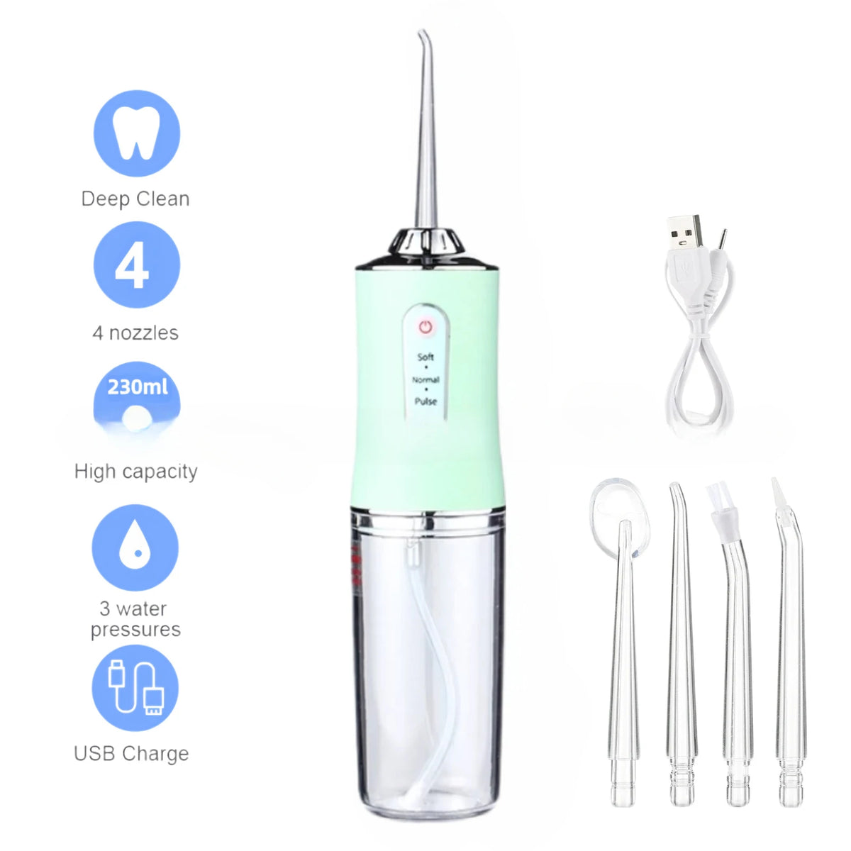 A portable USB rechargeable dental water flosser with a green body, 4 nozzles, and various tips.