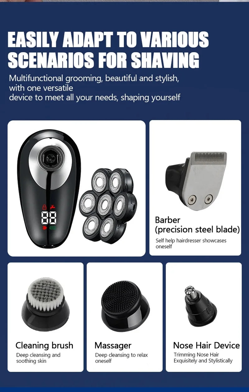 A multi-functional grooming kit featuring a shaver, cleaning brush, massager, and nose hair trimmer.