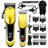 A professional rechargeable hair clipper grooming kit showing various attachments and the main unit in gold and black.