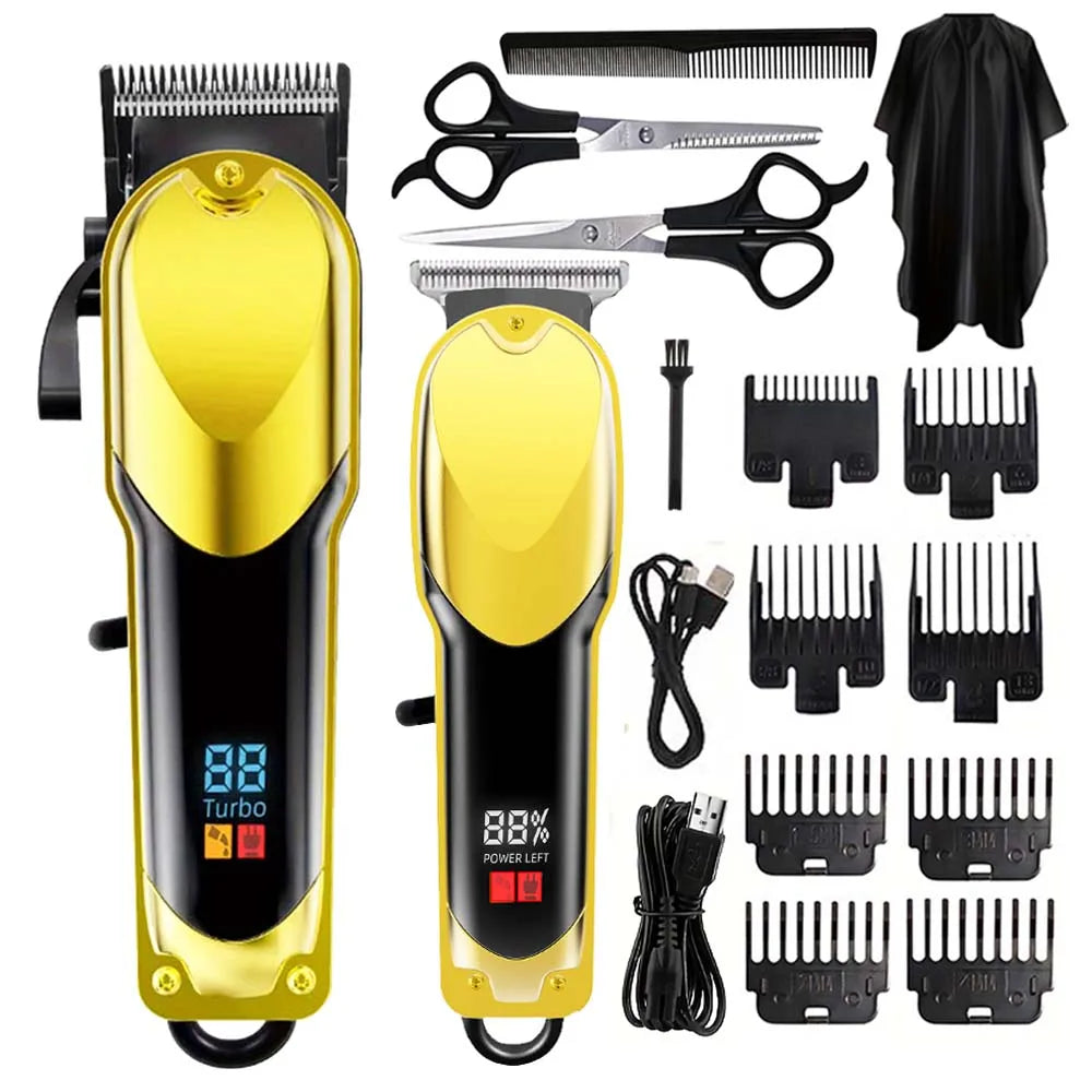 A professional rechargeable hair clipper grooming kit showing various attachments and the main unit in gold and black.