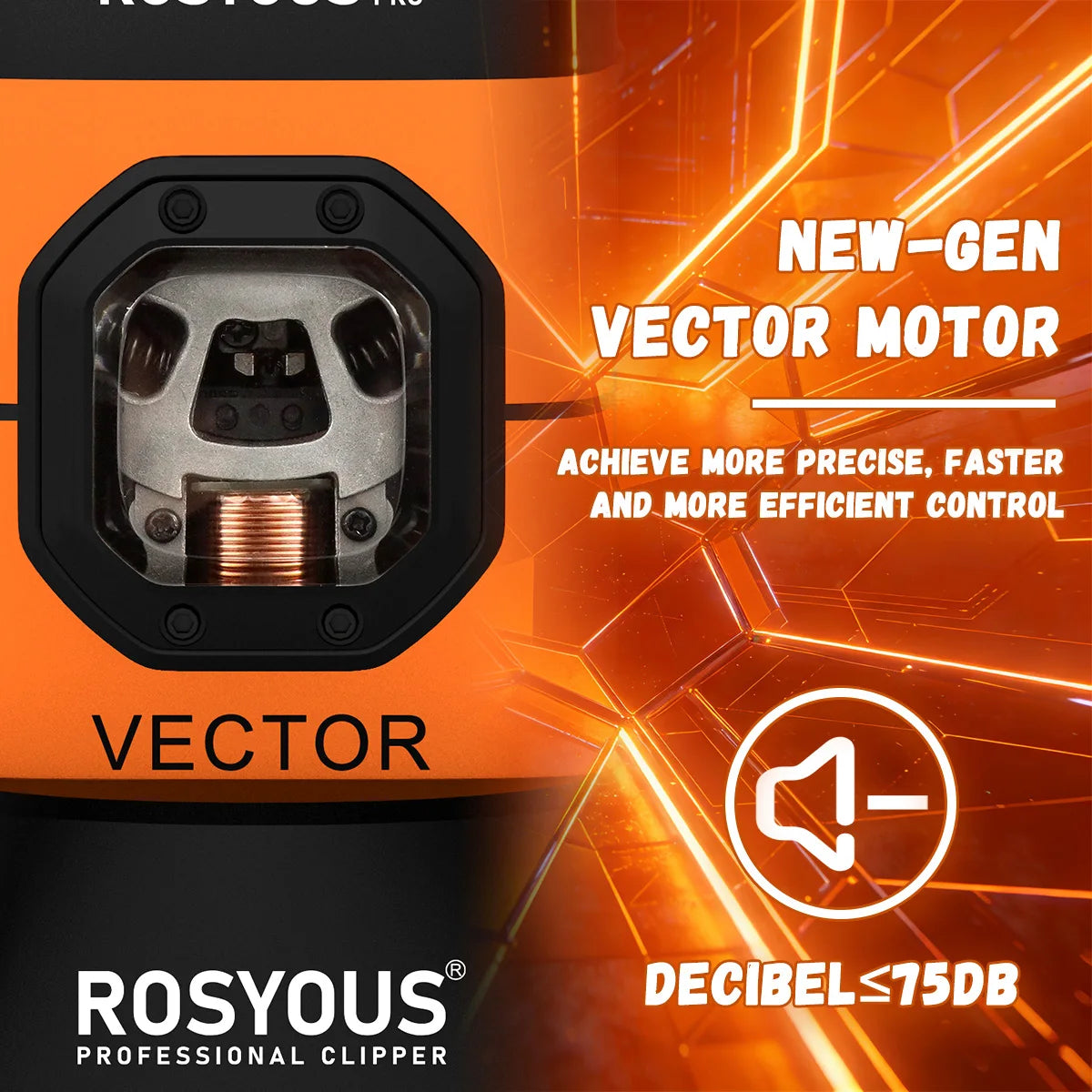A close-up view of a Rosyous professional clipper featuring a new-gen vector motor and decibel rating.