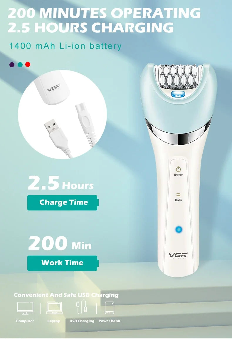 A light blue electric grooming device with a textured head is shown next to its charging components and usage time specificat