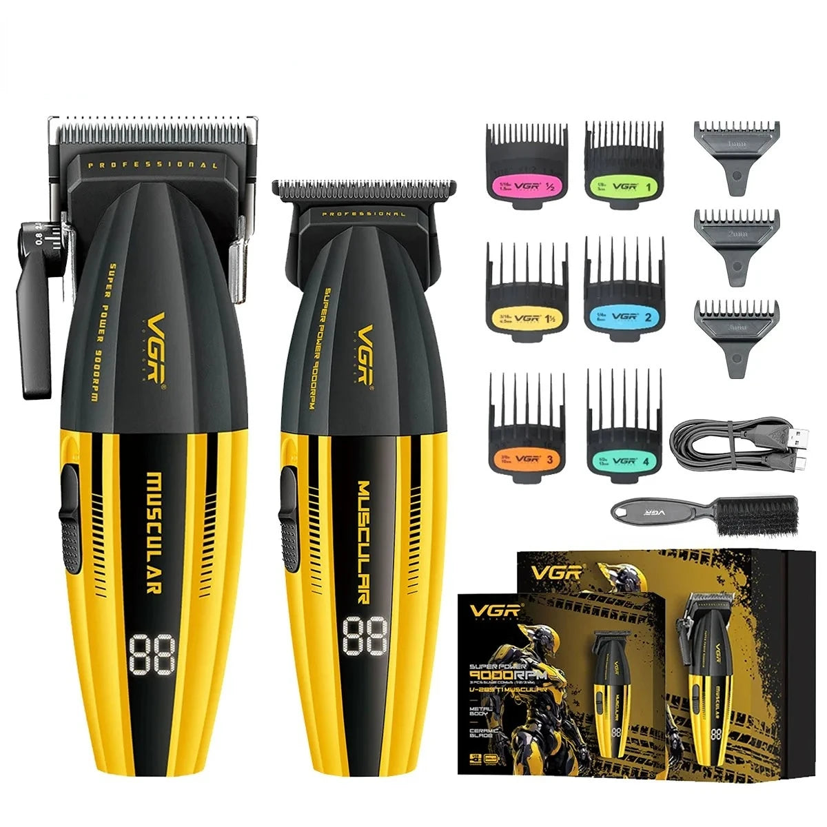 A set of VGR professional electric hair clippers in black and yellow, showing various cutting guards.