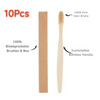 A set of 10 natural bamboo toothbrushes and boxes shown next to a single toothbrush.