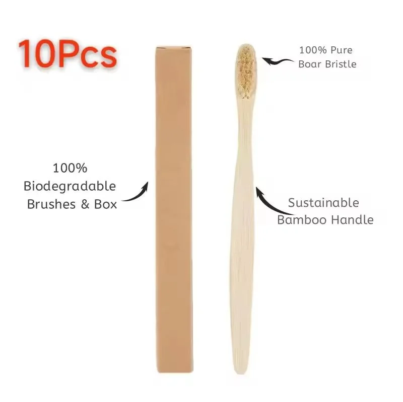A set of 10 natural bamboo toothbrushes and boxes shown next to a single toothbrush.