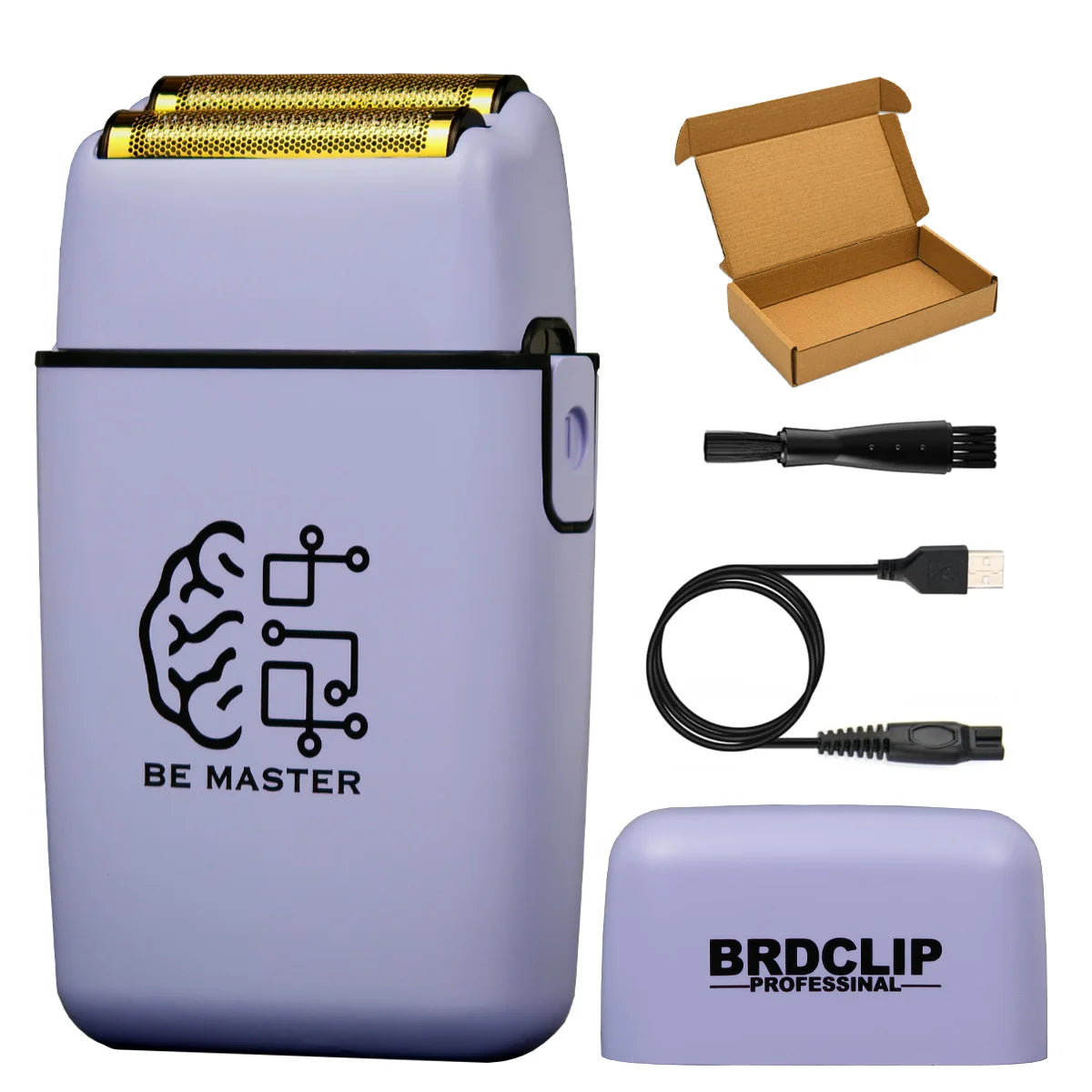 A purple professional multi-function hair grooming kit with accessories and packaging.