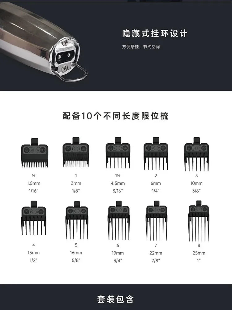 A collection of ten hair trimmer attachments with varying lengths and sizes shown in a kit.