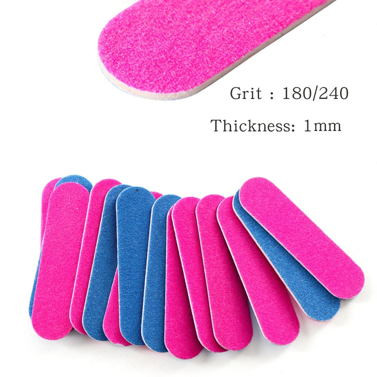 A collection of double-sided mini nail files in various colors including pink, blue, and purple.