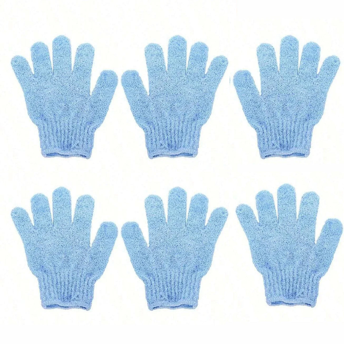 Un set de six gants exfoliants pour le corps bleu clair, vue de dessus.