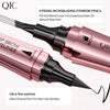 A pink eyebrow pencil with a black tip is shown next to its packaging, demonstrating ultra-fine eyeliner for hair-like stroke