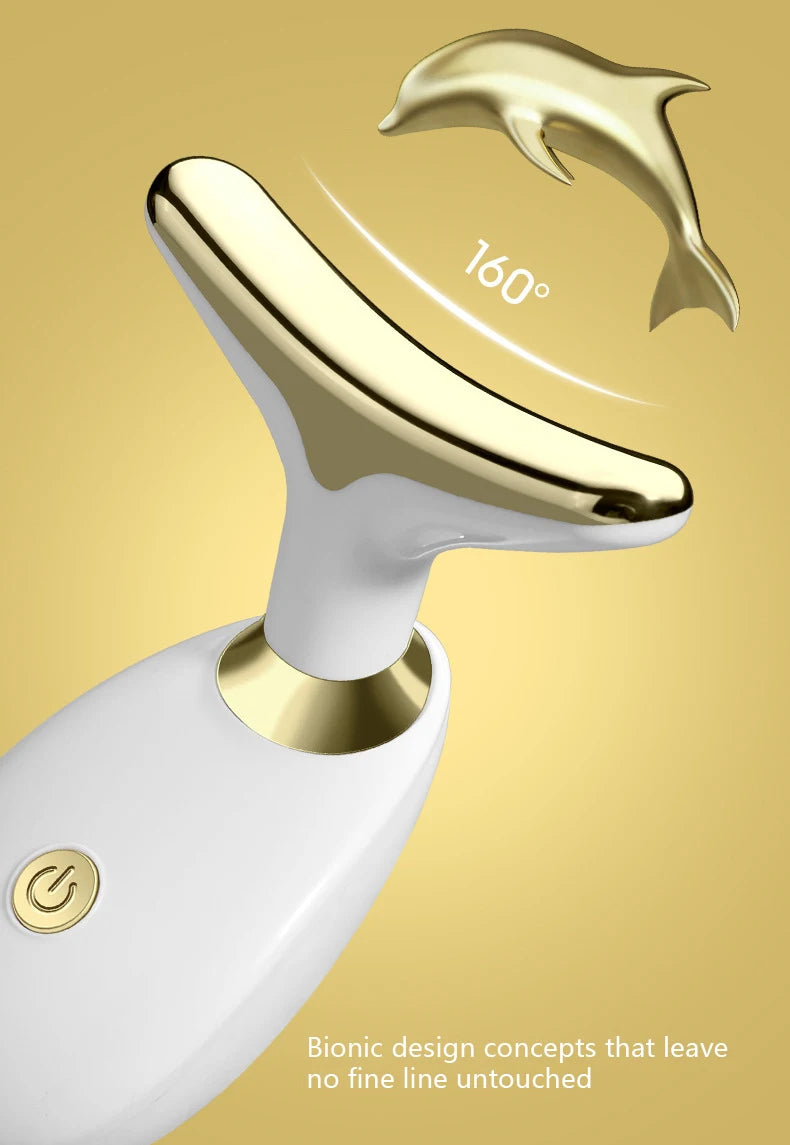 A close-up of a white electric facial lifting and firming massager with a gold accent, demonstrating a 160-degree movement.