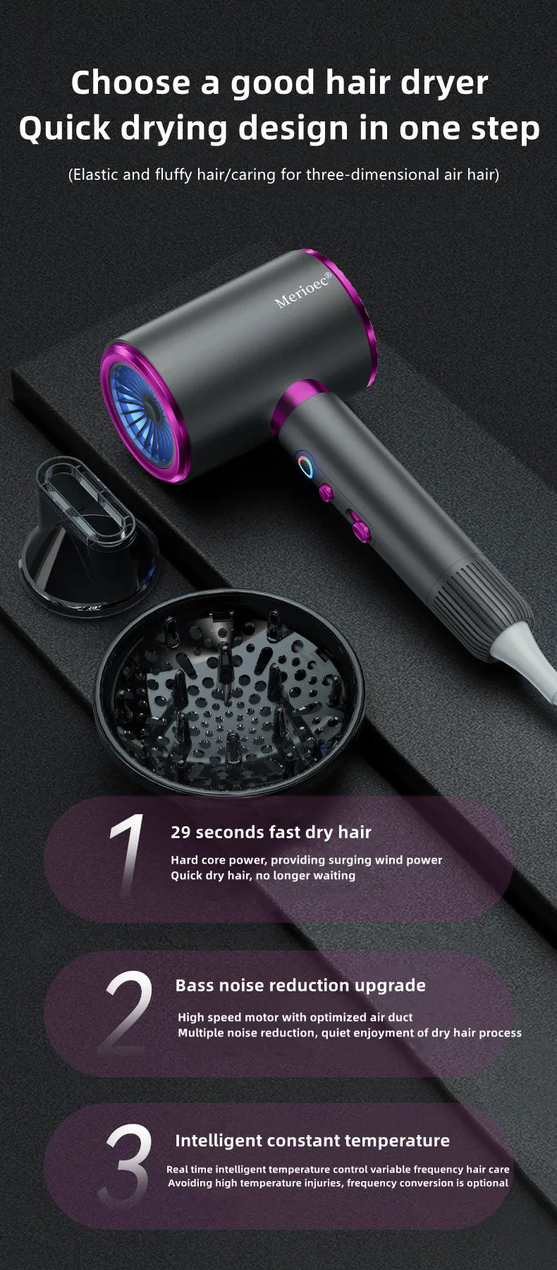 A black hair dryer is shown next to a hair plug, illustrating its quick drying and noise reduction features.