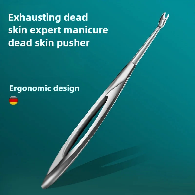 A silver stainless steel dead skin pusher tool shown diagonally against a teal background.