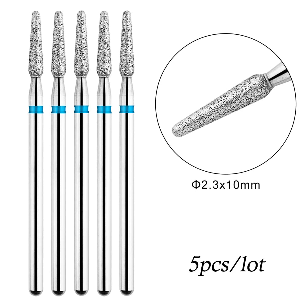 A set of five silver diamond nail drill bits with blue accents shown vertically.