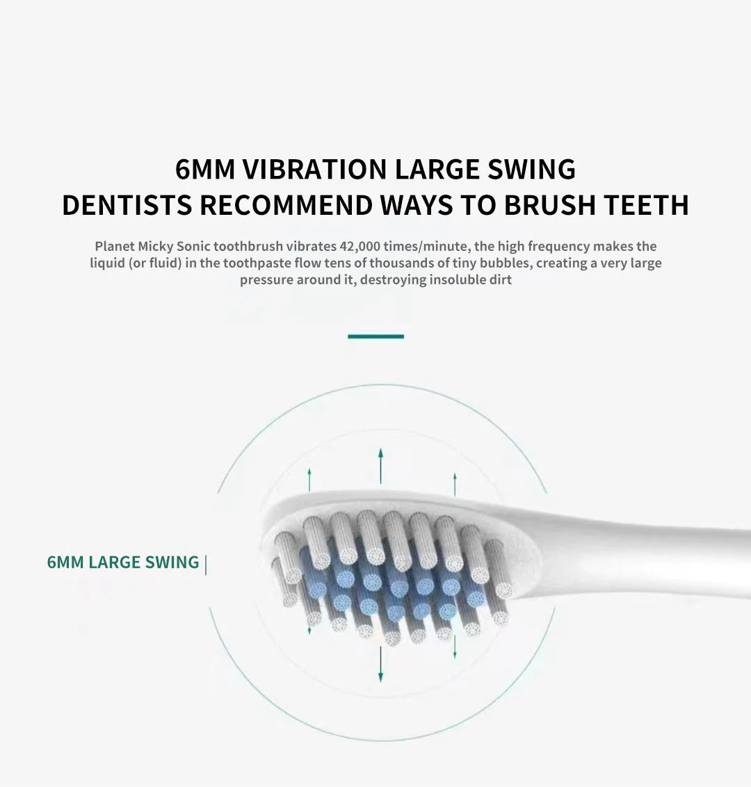 A close-up view of a 6mm large swing silicone toothbrush head on a white handle.