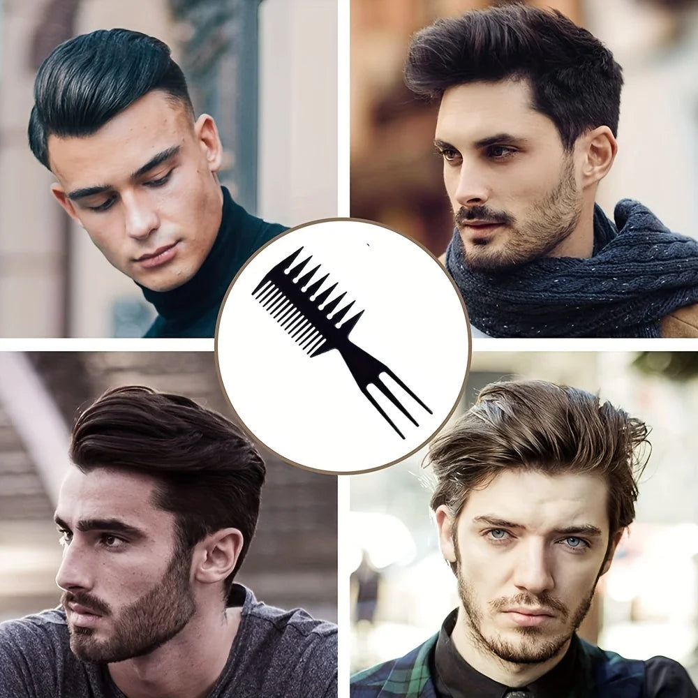 A collage of four men showing different styles and close-ups using a 3-in-1 detangling and styling comb set.