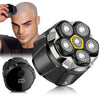 A precision electric shaver with magnetic charging is shown being used on a man and as a standalone device.