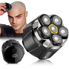 A precision electric shaver with magnetic charging is shown being used on a man and as a standalone device.