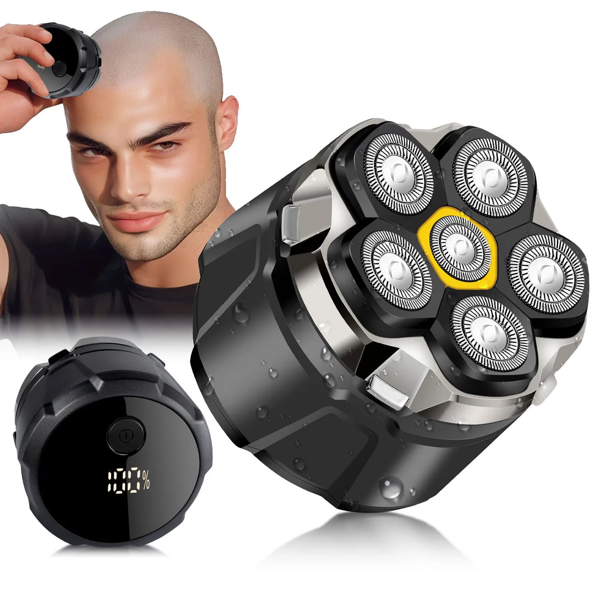 A precision electric shaver with magnetic charging is shown being used on a man and as a standalone device.