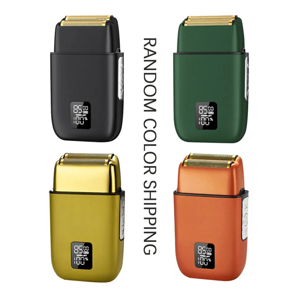 Three versions of a professional electric shaver in black, green, and orange colors shown side by side.