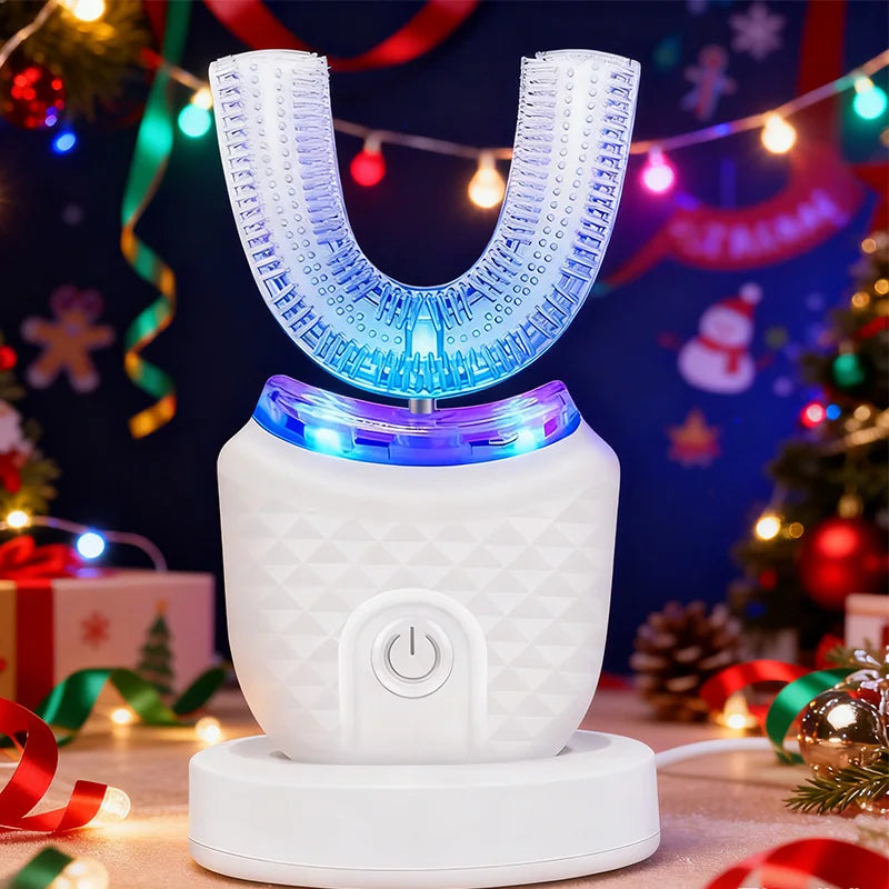 A white ultrasonic electric toothbrush sits on a stand with a glowing blue head, set against a festive holiday background.