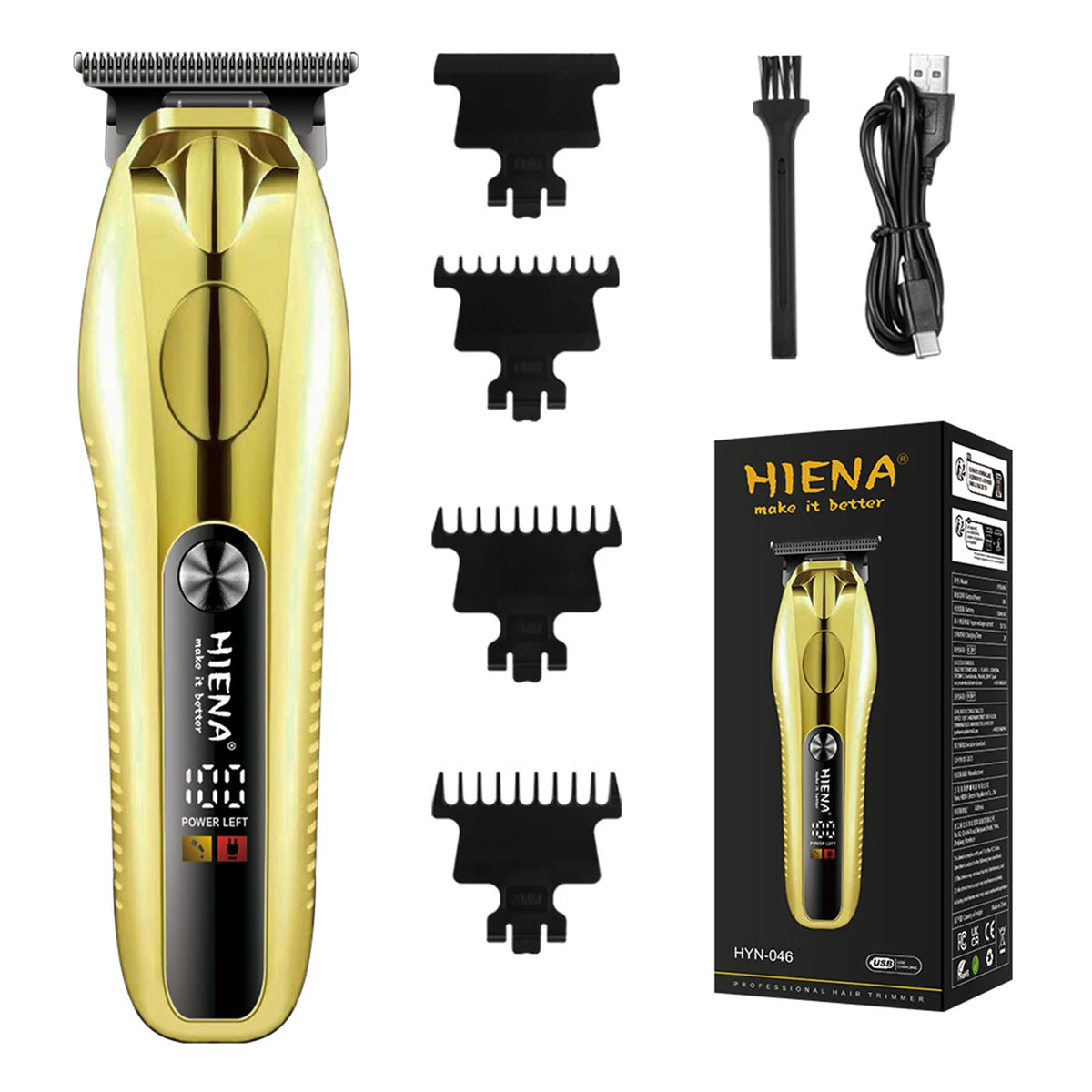 A gold-colored professional cordless hair clipper set with various trimming attachments and a charging cable.