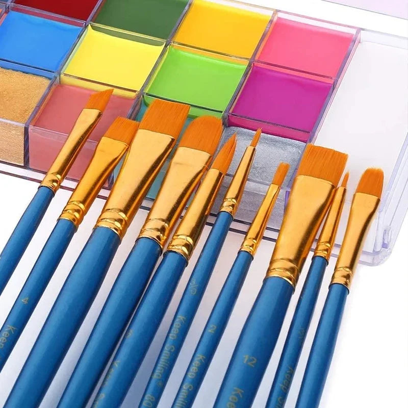 A set of 20 non-toxic body paint tubes and brushes in various bright colors arranged in a plastic case.