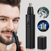 A black portable electric nose hair trimmer is shown next to a man's face and various components.