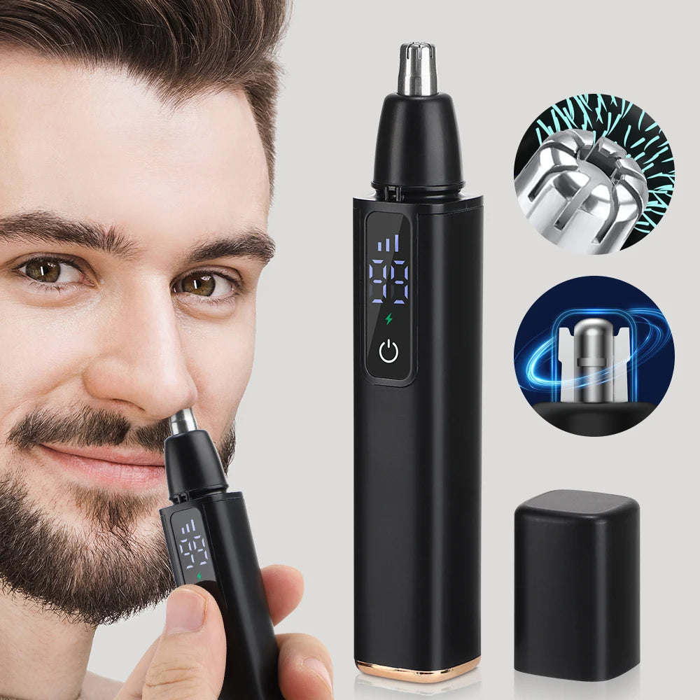 A black portable electric nose hair trimmer with an LED display and a separate trimmer head shown next to a man's face.