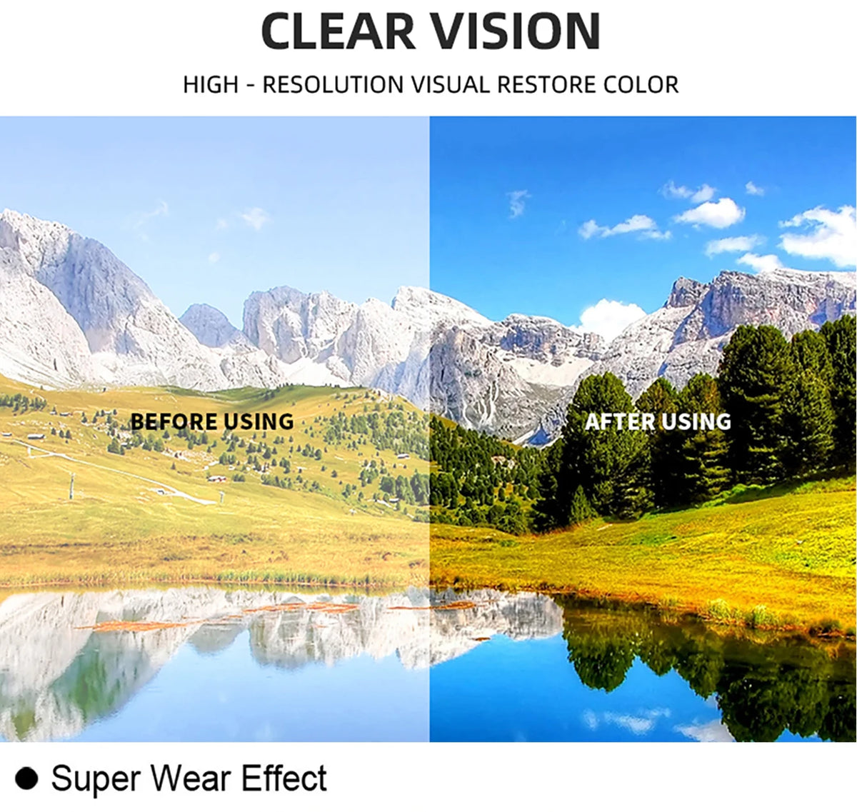 Before and after comparison showing color restoration on a landscape with mountains and water.