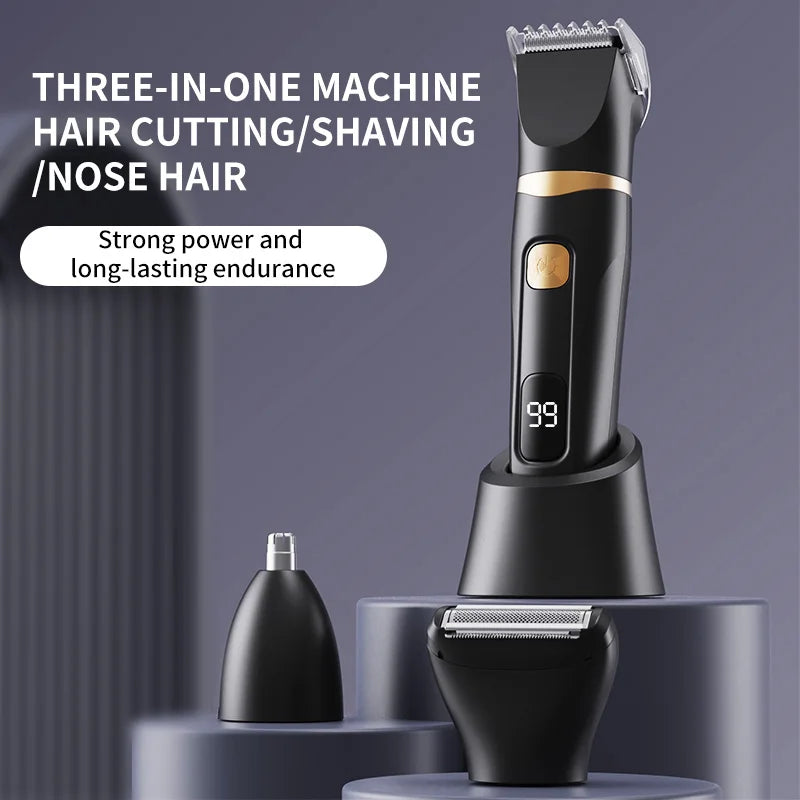 A black electric hair grooming device with a detachable head is shown against a gray background.