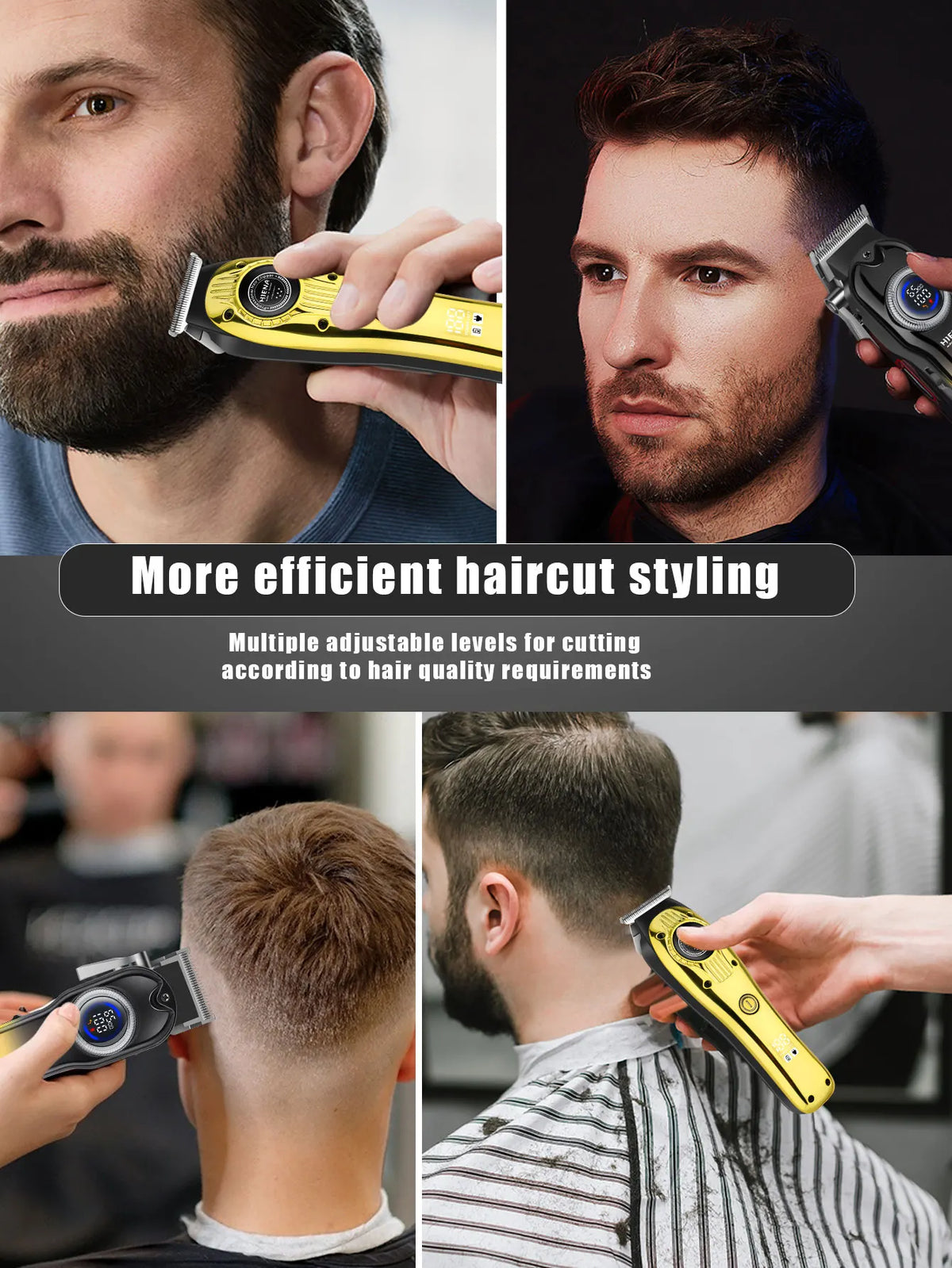 A professional electric hair clipper set is shown being used to style a man's haircut.