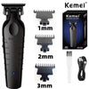 A set of Kemei professional electric hair clippers in black with 1mm, 2mm, and 3mm blades and a charging cable.