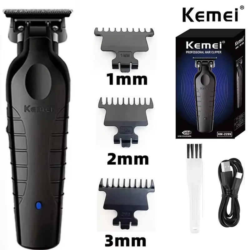 A set of Kemei professional electric hair clippers in black with 1mm, 2mm, and 3mm blades and a charging cable.