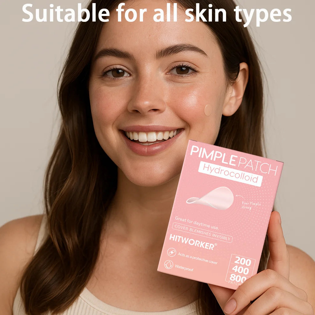 A woman holds a pink pimple patch product for acne blemishes