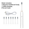A white sonic electric toothbrush set including the body, USB charging cable, and eight brush heads.