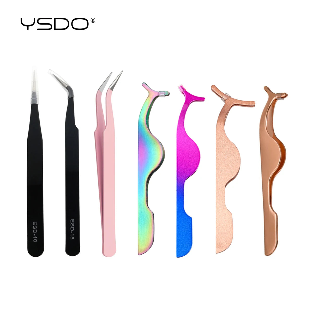 A set of five stainless steel eyelash tweezers in various colors including black pink and gold tones
